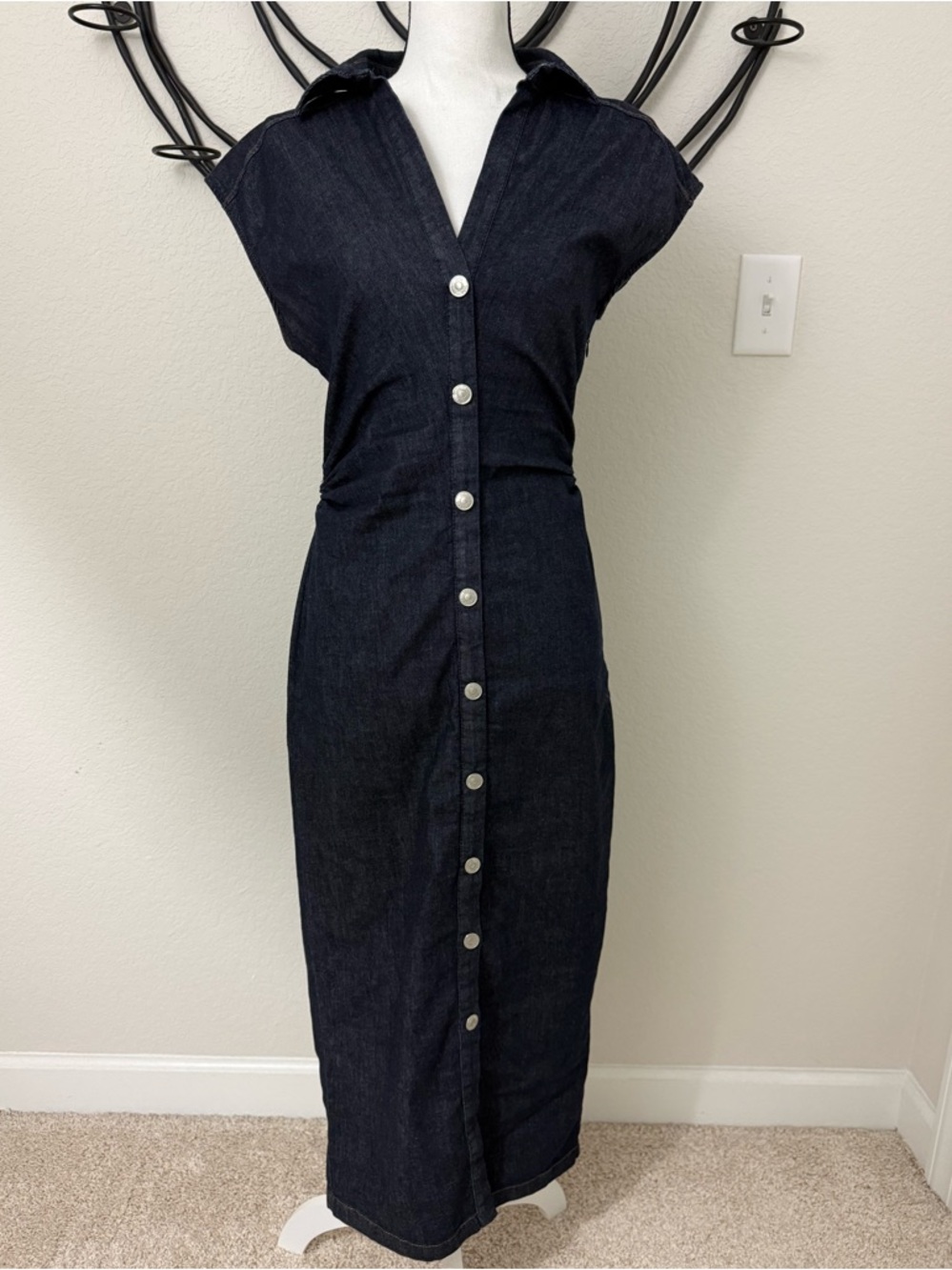 Zara Dark Denim Button-Front Midi Dress - Blue